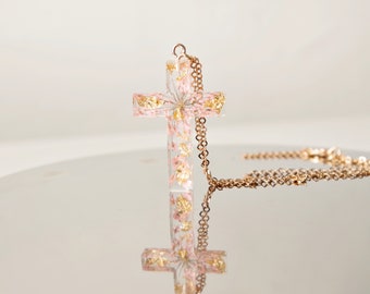 Collier croix en or pour femme ross avec fleurs en résine, bijoux Сross Jesus Memorial, bijoux de mariée, cadeau de Noël pour elle
