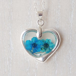 Silver heart wish blue flower necklace Real dried flowers in resin nature pendant love necklace for women gift for mom image 3