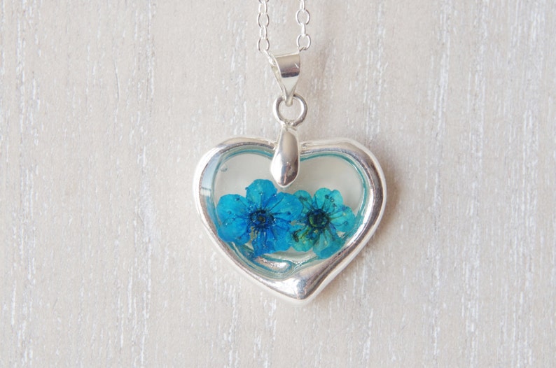 Silver heart wish blue flower necklace Real dried flowers in resin nature pendant love necklace for women gift for mom image 3