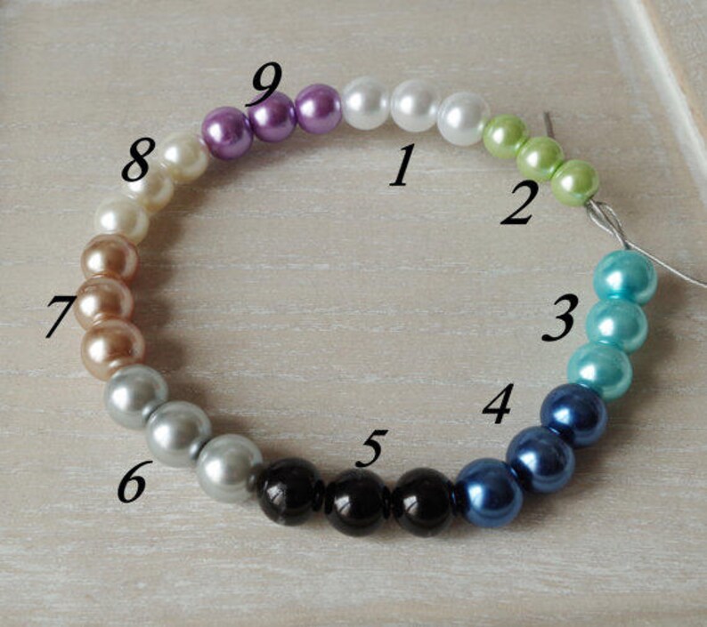 Puede incluir: Un collar de cuentas de colores con un degradado de colores, comenzando con beige claro, luego pasando a plateado, negro, azul, turquesa y verde. Las cuentas est&aacute;n enhebradas en un alambre.