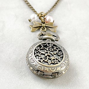 Antique bronze Pocket watch vintage necklace chain pearl charm Steampunk jewelry Engraved Christmas gift for her
