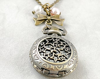 Antique bronze Pocket watch vintage necklace chain pearl charm Steampunk jewelry Engraved Christmas gift for her