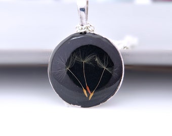 Dandelion seeds in resin on black background necklace Real dandelion jewelry Pressed Flower Jewelry Terrarium necklace gift  for her