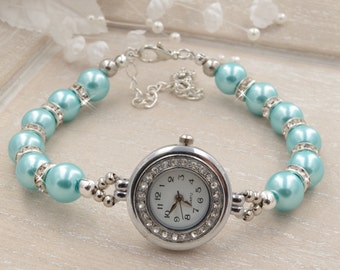 Turquoise Parel Armband Horloge Kralen Armband Horloge Bruids Turquoise Armband Bruiloft Sieraden Pearl Watch Dames Horloge Womens Horloge Gift