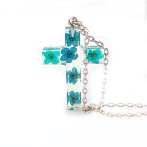 Blue flower in resin cross necklace Catholic jewelry for women Baptism cross resin necklace Religious jewelry cross Baptism gift
