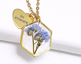 Blue Forget Me Not Flower wish heart engraved  nome ,date, real flower in resin hexagon gold  jewelry for women, Christmas gift for mom