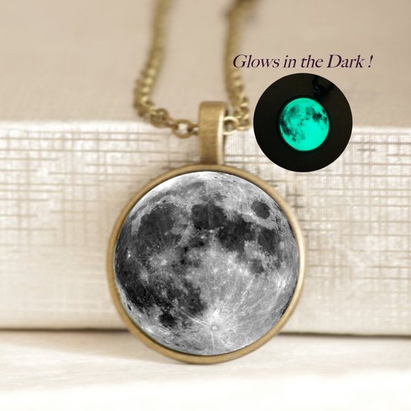 Glow in the Dark Full Moon collier Glowing Moon phase bijoux Science Espace Croissant de lune bijoux Astronomique Cosmos collier Solaire