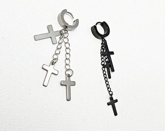 Triple Cross Long Tassel Drop Earrings  Mens single , Cross Chain Earrings ,Unisex Cross Earrings ,Inspirational Christian Jewelry