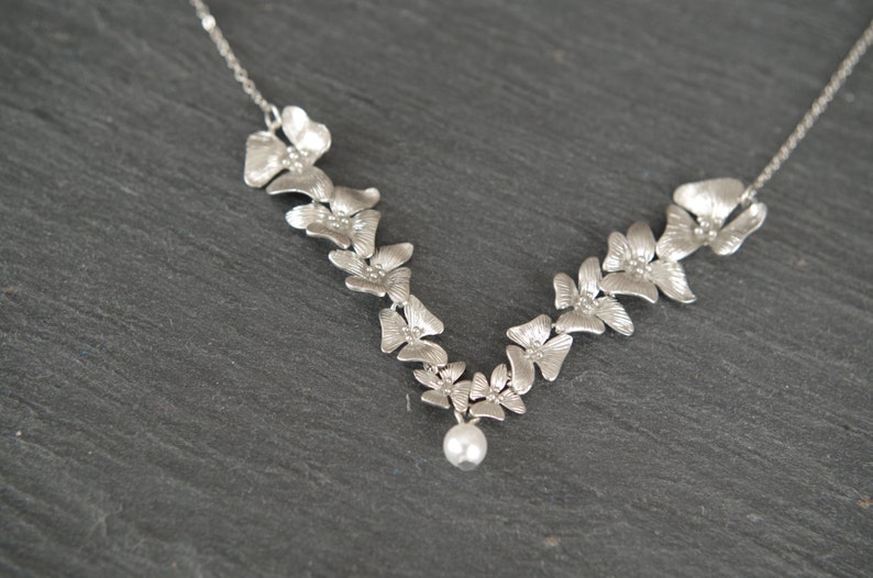 Cascading Orchid Necklace Flower Jewelry Pearl Wedding Bridal Necklace Anniversary Mothers day Gift for mom Grandma image 1