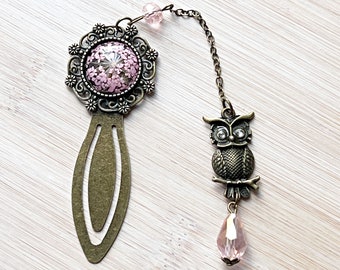 Handmade Floral Cameo Bookmark: Owl Pendant, Crystal Accent
