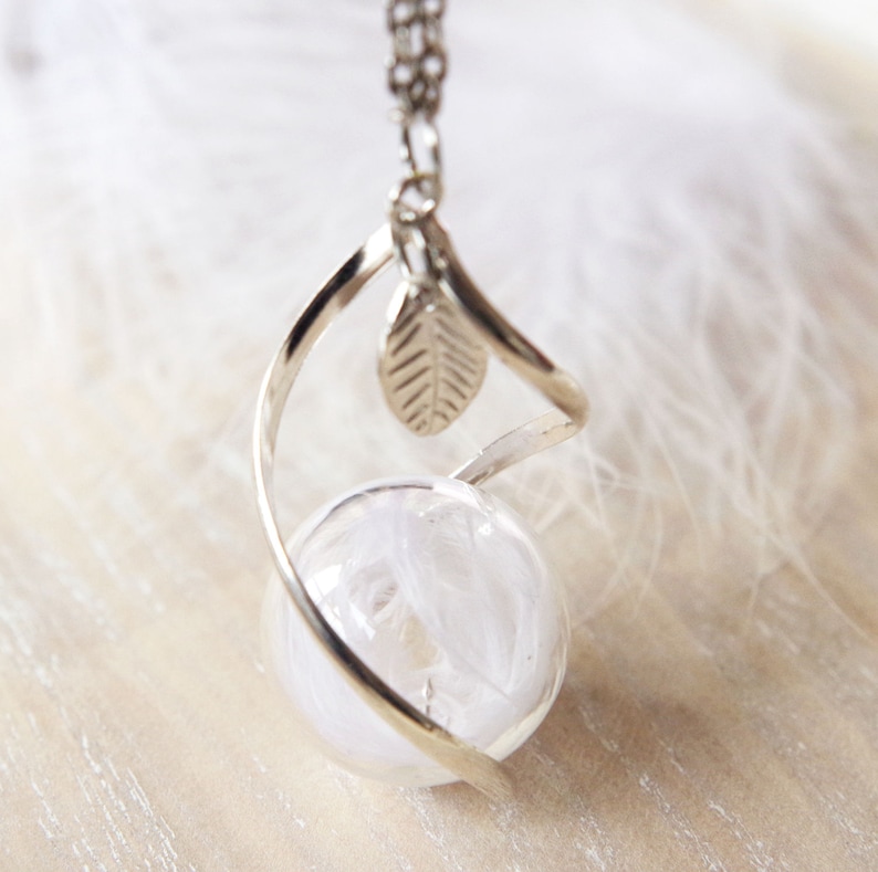 Real white feather necklace Glass globe pendant Terrarium pendant Boho jewelry Bohemian necklace Angel wing necklace Birds feather necklace image 1