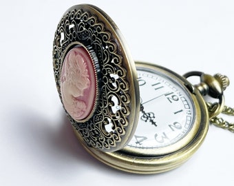 Zakhorloge vintage ketting gepersonaliseerde camee Antieke bronzen zakhorloge ketting Steampunk sieraden Cadeau voor haar