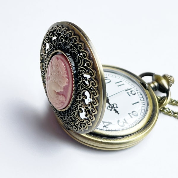 Montre de poche collier vintage camée personnalisé Chaîne de montre de poche en bronze antique Bijoux Steampunk Cadeau pour elle