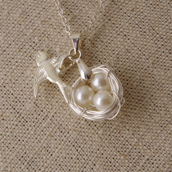 Collier nid d’oiseau collier oiseau moineau collier perles bijoux fête des mères cadeau grand-mère collier pour maman nouvelle maman cadeau fil enveloppé pendentif