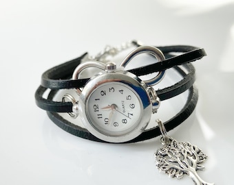 Tree of Life Watch: Black Leather Bracelet, Infinity Charm