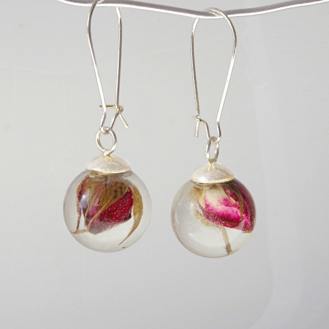 Rose Bud Earrings Floral Jewelry Real Flower Earrings Terrarium