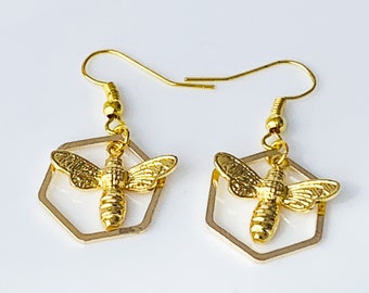 Gold Bee Dangle Earrings: Honeycomb Insect Jewelry