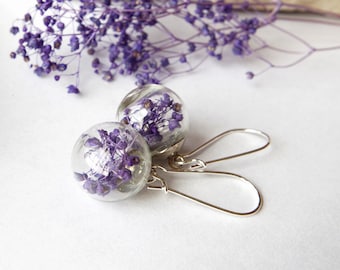 Purple  flower earrings  Purple earrings Purple flower jewelry  Real flowers earrings Terrarium Jewelry Botanical Jewelry Gift for her