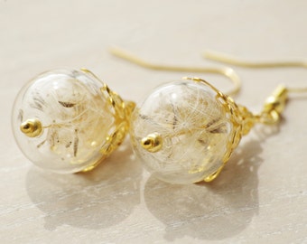 Dandelion Seed Earrings Gold Dandelion Earrings Nature Earrings Glass Jewelry Real Dandelions  Bottle Earrings Bridal Gift mom Valentine day