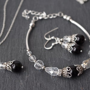 Black Pearl jewelry sets ,White Crystal bracelet, necklace , earrings ,Bridesmaid  gift for women