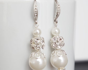 Pearl Drop Earrings Ivory Pearl Earrings Bridesmaid Jewelry Bridesmaid Pearl Earrings Silver Filigree Pearl Rhinestone Earrings Long
