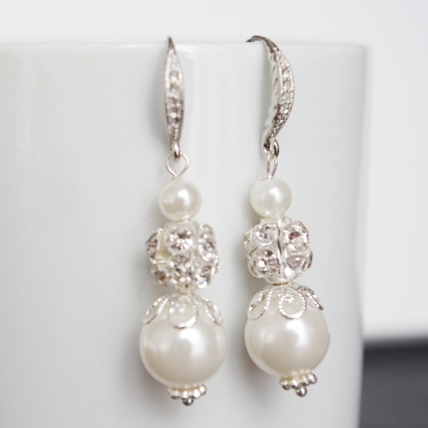 Pearl Drop Earrings Ivory Pearl Earrings Bridesmaid Jewelry Bridesmaid Pearl Earrings Silver Filigree Pearl Rhinestone Earrings Long