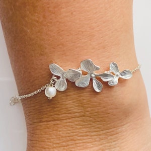 Silver Orchid Bracelet Cascading Flower Bracelet  with Pearl Bridesmaid Bracelet Bridesmaid Gift for women Orchid jewelry