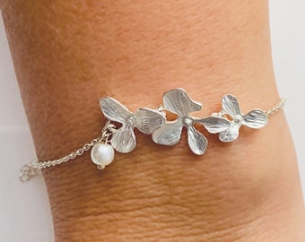 Pulseira de orquídea de prata: flor em cascata e pérola, joias para madrinhas