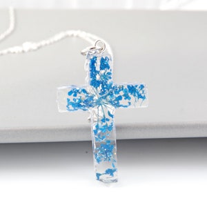 Flower resin cross necklace Catholic jewelry for women Baptism cross resin necklace Religious jewelry cross Baptism gift