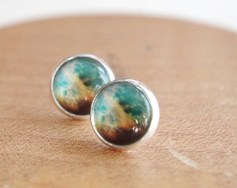 Green Nebula Stud Earrings: Galaxy Space Jewelry