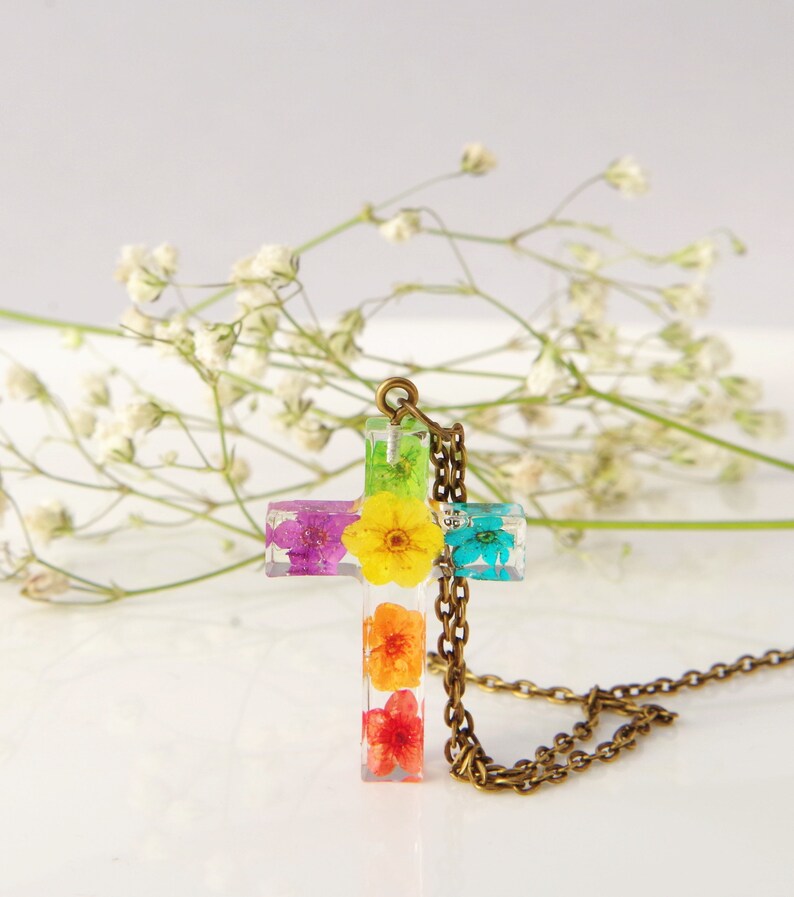 Flowers Necklace Crosses Jewelry Resin Necklace Religious Etsy