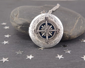 Compass locket necklace Compass jewelry Photo locket Bridesmaid Jewelry Round locket Unisex necklace Valentine's day gift for her nautical