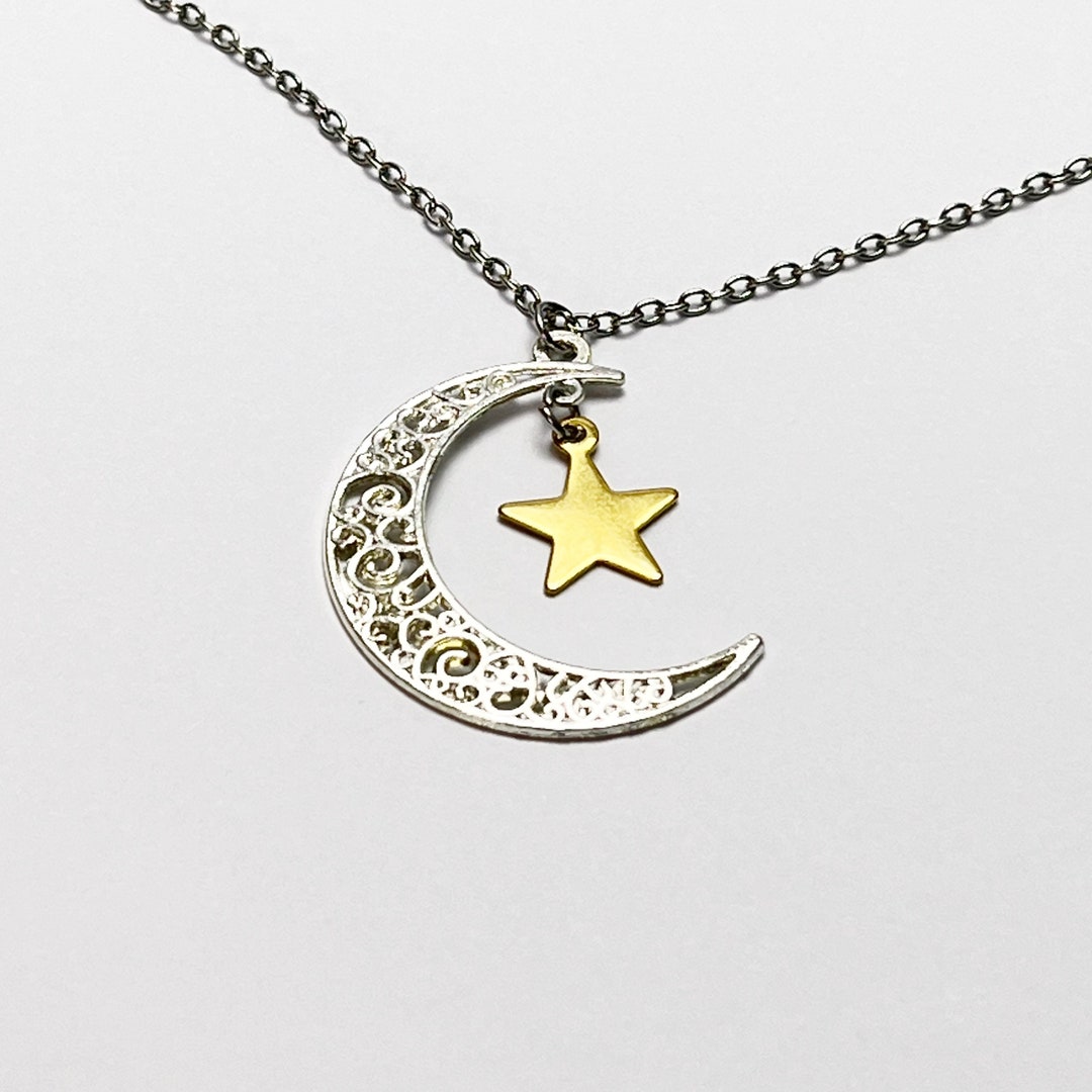 Crescent Moon and Gold Star Necklace ,moon Phases Pendants ,celestial