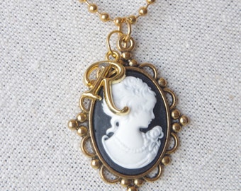 Personalized woman cameo necklace Gold initial pendants Victorian cameo jewelry Initial necklace