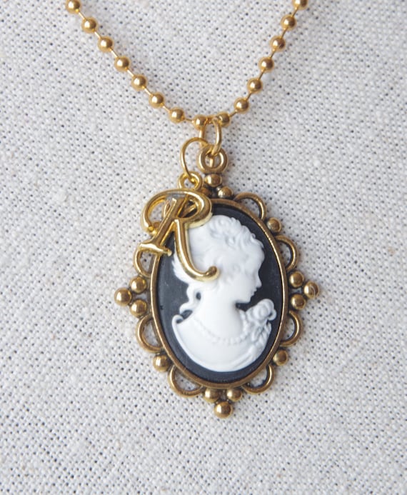 Personalized Woman Cameo Necklace Gold Initial Pendants Victorian