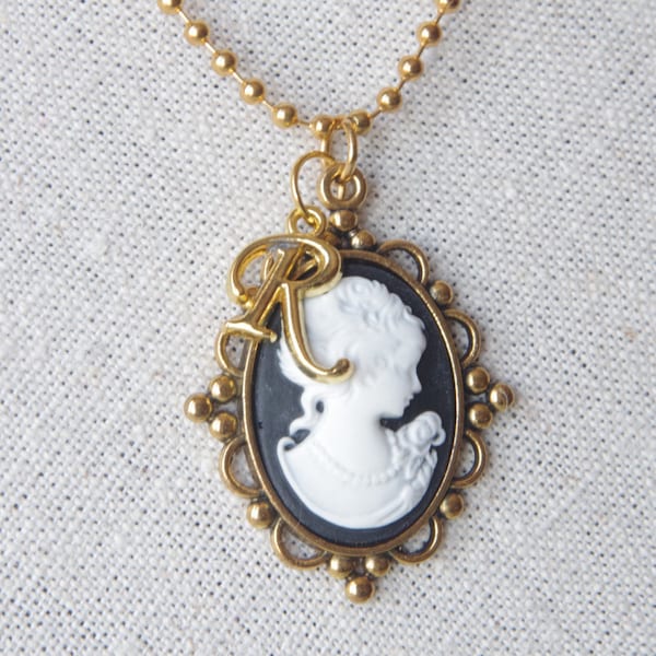 Personalized woman cameo necklace Gold initial pendants Victorian cameo jewelry Initial necklace