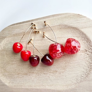 Pink cherry drop earrings ,Front back summer fruit earrings ,Food Statement earrings