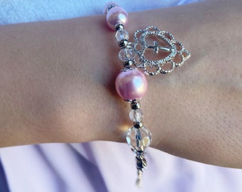 First Communion Bracelet Baptism girl gift Pearl pink jewelry Granddaughter Rosary Bracelet Cross Infant Jewelry