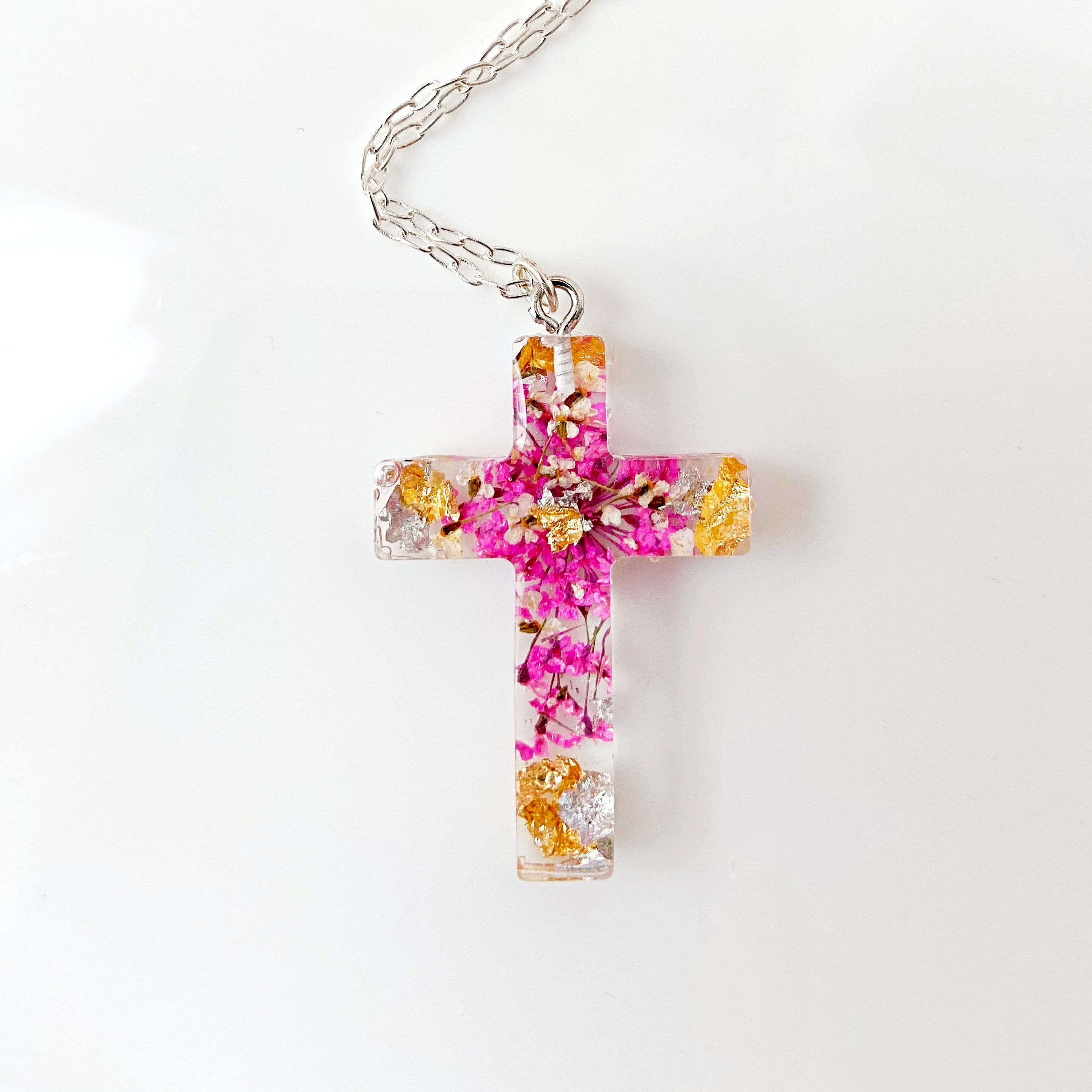 Cross necklace Gold cross with flowers in resin jewelry Сross Etsy