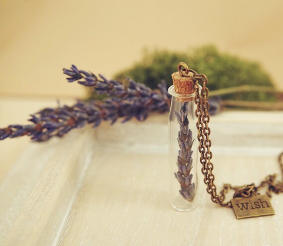 Flower Necklace Lavender in Bottle Jewelry Purple Pressed Flowers
