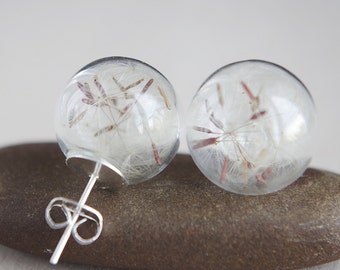 Dandelion Seed Stud Earrings: Real Flower Glass Orb Earrings