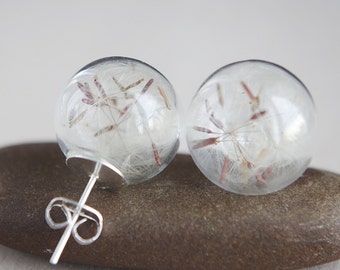 Dandelion stud earrings Christmas gift idea for her Dandelion seeds Glass orb earrings Dandelion jewelry Real flower earrings Botanical