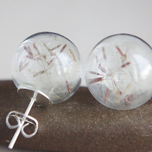 Dandelion stud earrings Christmas gift idea for her Dandelion seeds Glass orb earrings Dandelion jewelry Real flower earrings Botanical