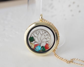 Family Tree Locket Necklace: Birthstone Floating Charm, Grandma Gift