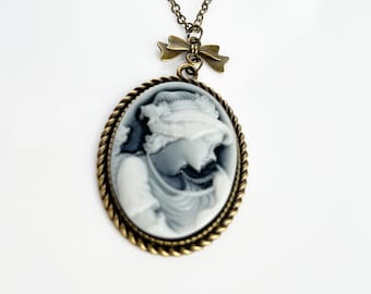 Large oval girl cameo bronze necklace  Victorian style cameo pendant Antique lady cameo jewelry for women Christmas gift for mom