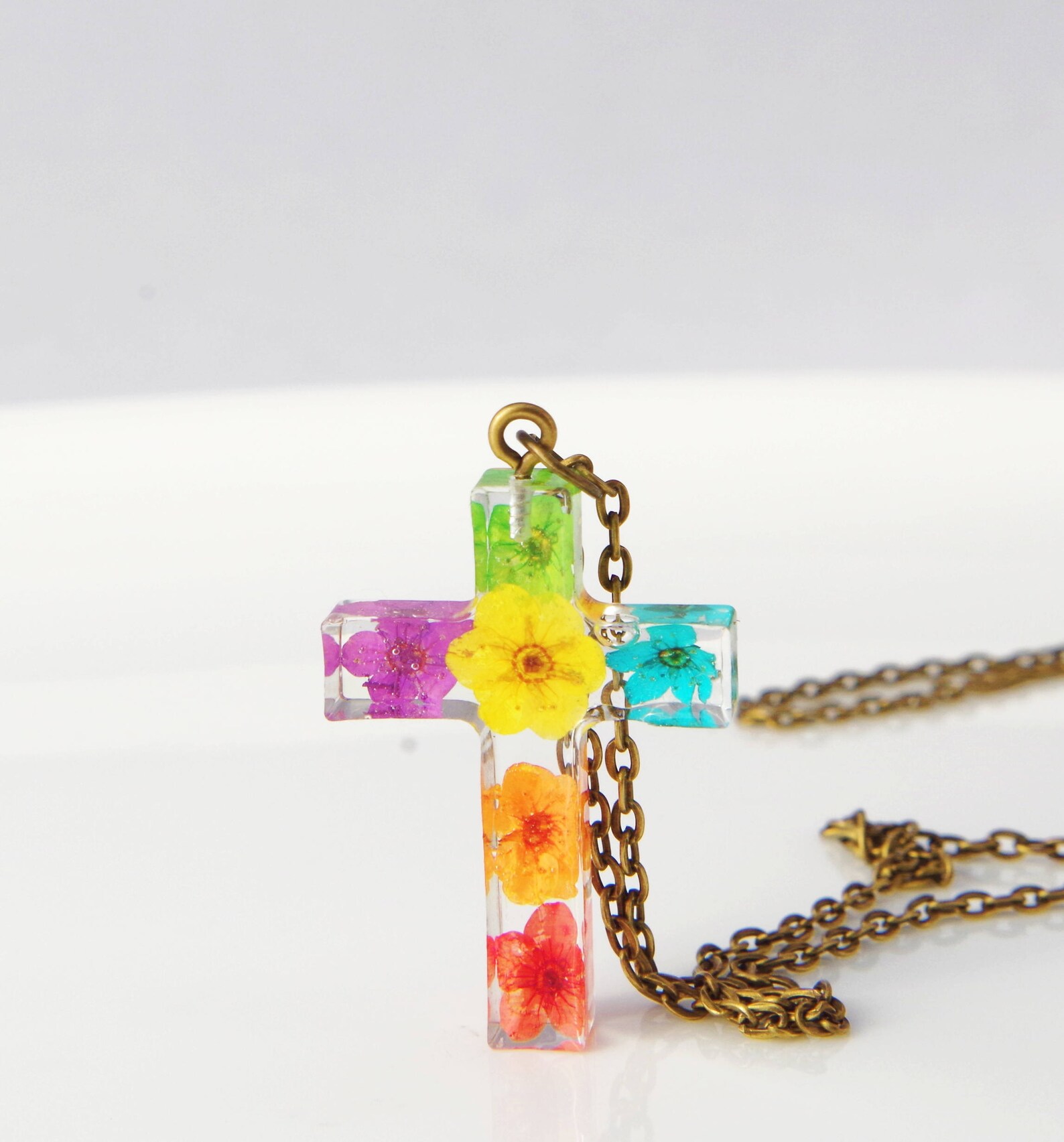 Flowers Necklace Crosses Jewelry Resin Necklace Religious Etsy