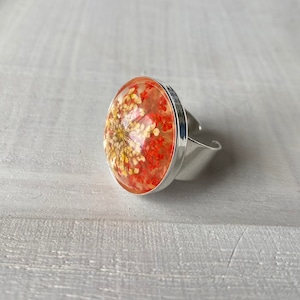 Large silver ring and pressed flower cameo ,  real flower in resin adjustable ring ,terrarium Jewelry ,Mothers day gift for her