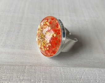 Large silver ring and pressed flower cameo ,  real flower in resin adjustable ring ,terrarium Jewelry ,Mothers day gift for her