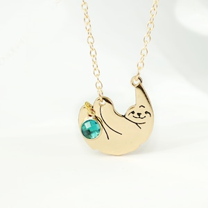 Gold Sloth Necklace: Birthstone Charm, Personalized Layering Jewelry