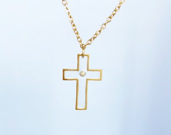 Mustard Seed Cross Necklace: Gold Flake Resin Christian Jewelry